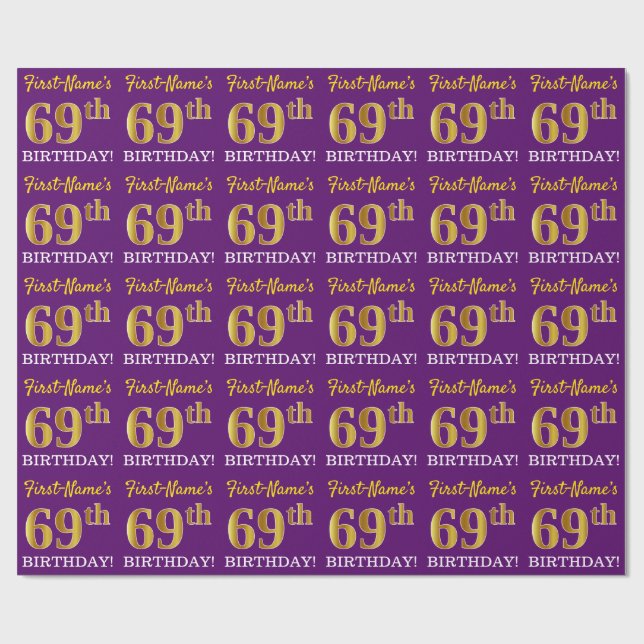Papel De Presente Roxo, Imitação Dourada "69 ANOS" (Aberto)