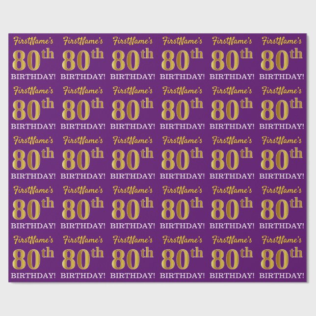Papel De Presente Roxo, Imitação Dourada "80 BIRTHDAY" (Aberto)
