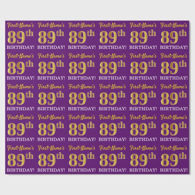 Papel De Presente Roxo, Imitação Dourada "89º ANIVERSÁRIO" (Aberto)