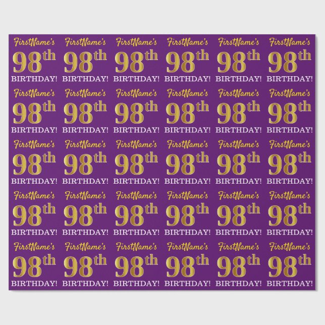 Papel De Presente Roxo, Imitação Dourada "98º ANIVERSÁRIO" (Aberto)