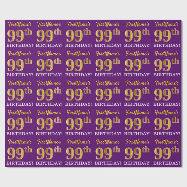 Papel De Presente Roxo, Imitação Dourada "99º ANIVERSÁRIO" (Aberto)