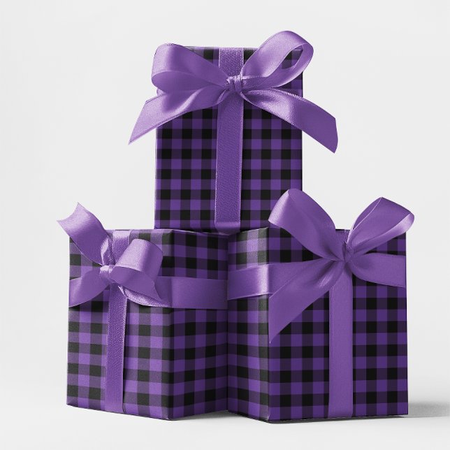 Papel De Presente Roxo Médio e Xadrez Buffalo Preto (Medium Purple and Black Buffalo Plaid Wrapping Paper)