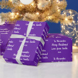 Papel De Presente Roxo Name Love from Papai noel Christmas<br><div class="desc">Design de Natal personalizado em roxo brilhante com tipografia branca. Esta design festiva tem a mensagem "Para Alexandre Feliz Natal! Amor dos Papais noeis xxx". Está pronto para você personalizar com espaço para você adicionar o nome de seu ente querido. Você também pode mudar a mensagem de feriado e mudar...</div>