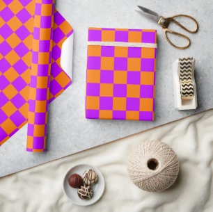 Papel De Presente Roxo Neon Laranja Xadrez Quadriculado Vintage