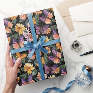 Papel De Presente Roxo Pêssego Rosa Borboletas Flores Aniversário