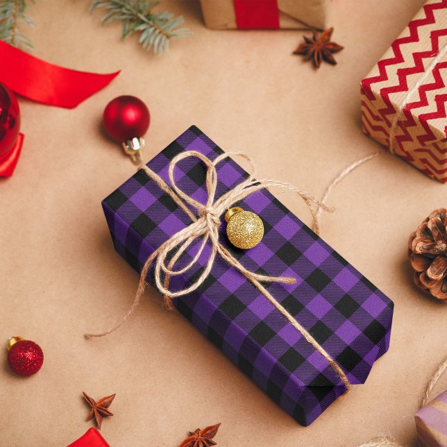 Papel De Presente Roxo Real e Xadrez de Búfalo Preto (Royal Purple and Black Buffalo Plaid Wrapping Paper)