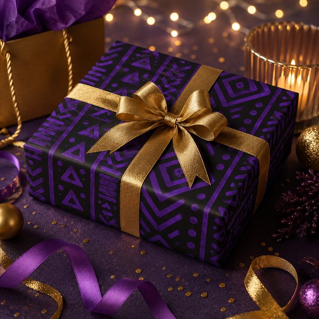 Papel De Presente Roxo Tribal Geométrico Ousado Afrocentrismo  (Criador carregado)