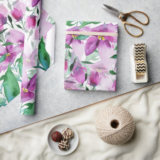 Papel De Presente Roxo Violeta Floral Aquarela Pintada à Mão (Artesanato)