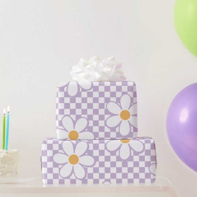 Papel De Presente Roxo xadrez retrô e margarida (Presentes para festas)