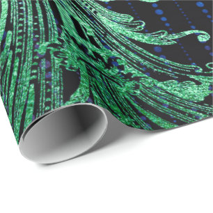 Papel De Presente Royal Damask Metallic Floral Drops Emerald Blue