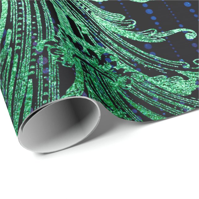 Papel De Presente Royal Damask Metallic Floral Drops Emerald Blue (Ponta do rolo)