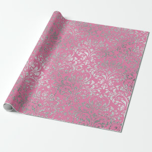 Papel De Presente Royal Damask Pink Silver Floral Shiny Vip