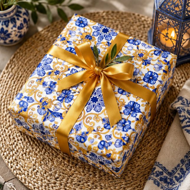 Papel De Presente Royal Lisbon Scrollwork  Elegant Portuguese Blue  (Criador carregado)
