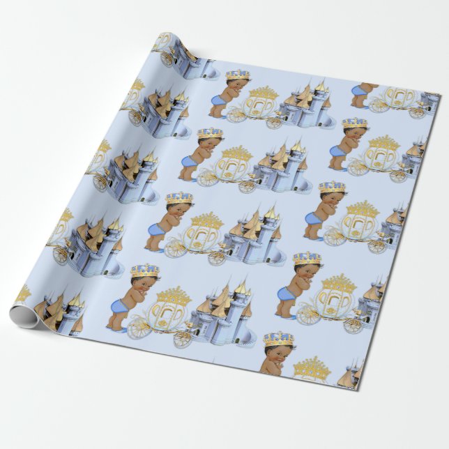 Papel De Presente Royal Prince Castle Carruagem Blue Dourada Boy (Desenrolado)