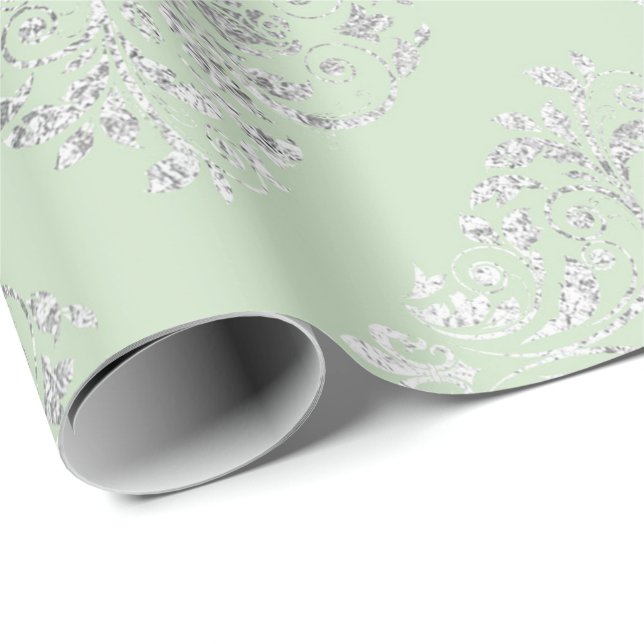 Papel De Presente Royal Squares Damask Mint Green Silver Vip (Ponta do rolo)