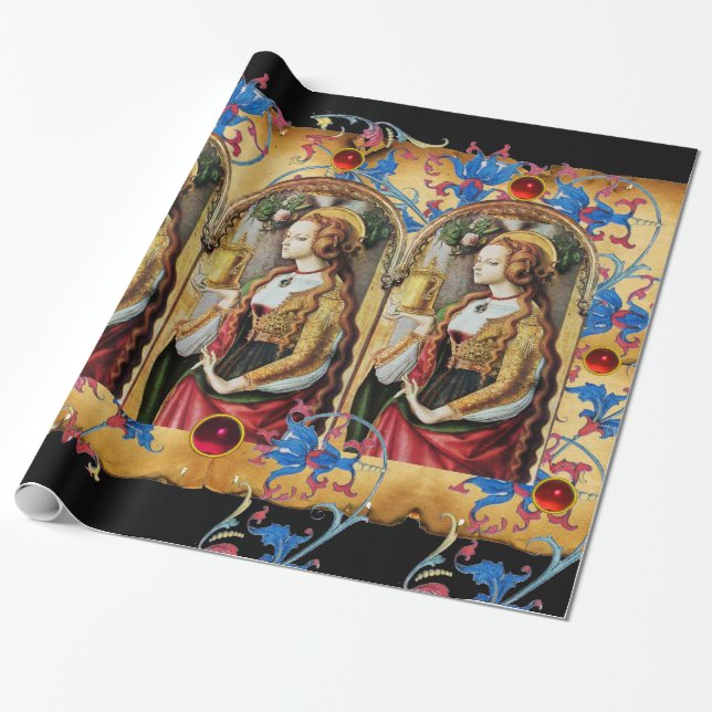 PAPEL DE PRESENTE RUA MARY MAGDALENE BLUE FLORCHING GEMS RED GEMS (Desenrolado)
