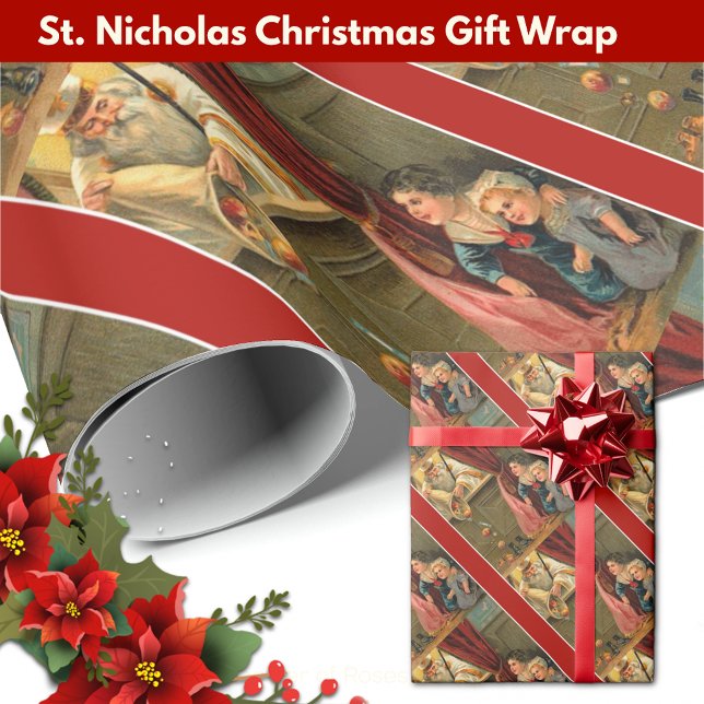 Papel De Presente Rua Nicholas Children Fruta Toys Banquete Natal (Festive Christmas gift wrap with St. Nicholas handing out candy to the children! )