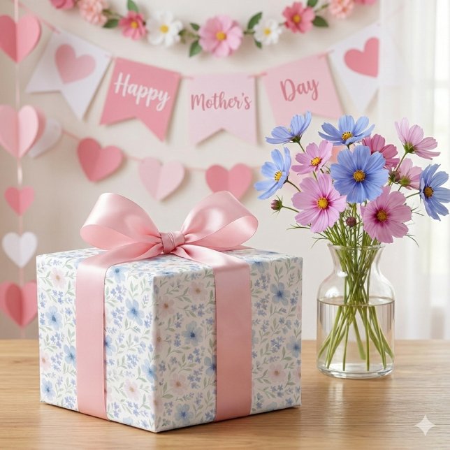 Papel De Presente Rubor Azul Aquarela Flores em Flor (Floral watercolor gift wrap with pink bow, cosmos bouquet, and soft Mother's Day backdrop.)