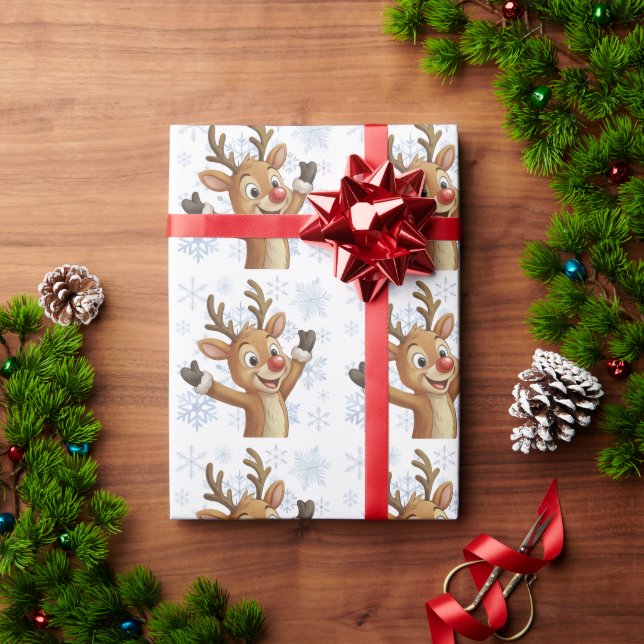 Papel De Presente Rudolph com Flocos de Neve Azuis  (Presente de Natal)