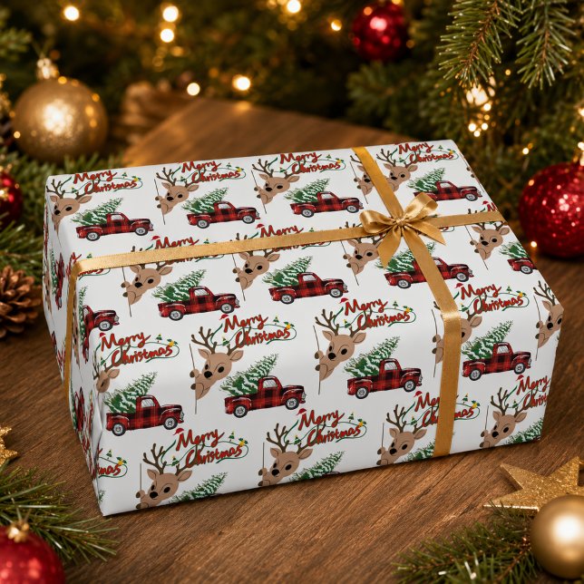 Papel De Presente Rudolph Feliz Natal Xadrez Antigo Caminhão (Criador carregado)