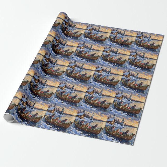 Papel De Presente Russian Blue Cat Christmas Boat Holiday (Desenrolado)