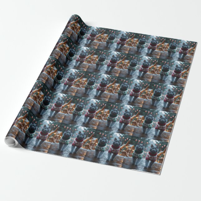 Papel De Presente Russian Blue Cats Christmas Snow Holiday  (Desenrolado)