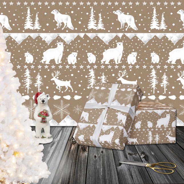 Papel De Presente Russo Kraft Nordic Sweater White Winter (Rustic Kraft Nordic Sweater White Winter Animals Christmas Holiday Gift Wrapping Paper Rolls)