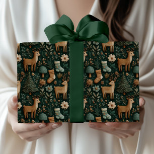 Papel De Presente Russo Moderno Woodland Deer & Pine Tree Natal
