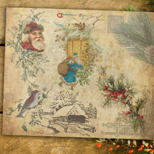 Papel De Presente Russo Vintage Velho Mundo Pai Natal com Pinho