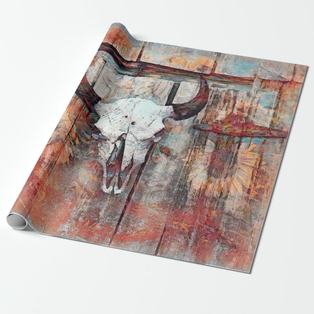Papel De Presente Russo Western Rust Brown Bull Caveira Sunflower (Desenrolado)