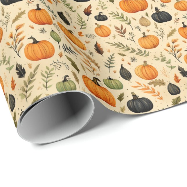 Papel De Presente Rustic Autumn Pumpkins & Leaves in Moody Harvest  (Ponta do rolo)