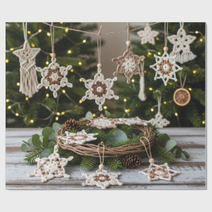 Papel De Presente Rustic Boho Crochet Snowflake Natal