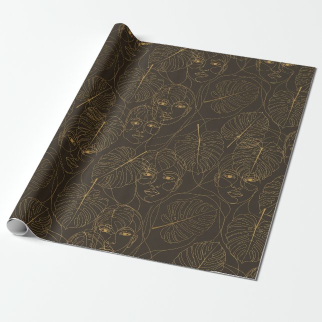 Papel De Presente Rustic Botanical Face Line Pattern (1) (Desenrolado)
