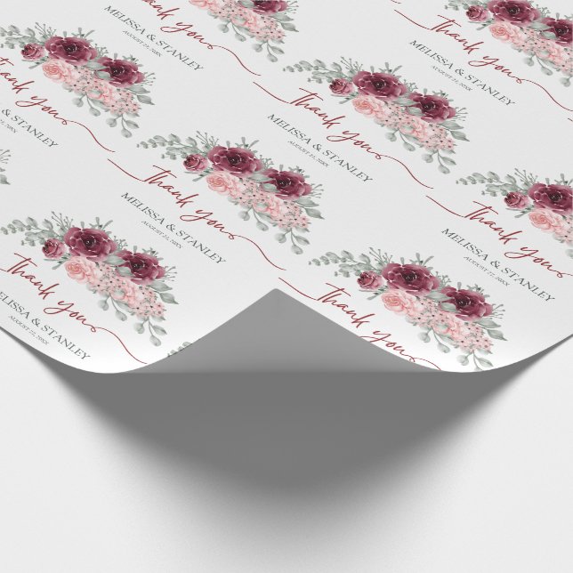 Papel De Presente Rustic Burgundy Marsala e Casamento Floral Rosa (Ponta)