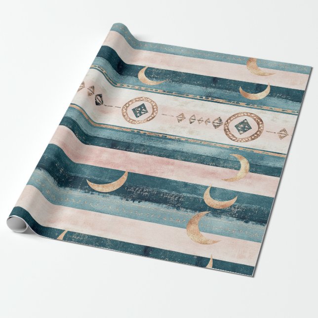 Papel De Presente Rustic Celestial Faixa Lua Sol Terroso (10) (Desenrolado)