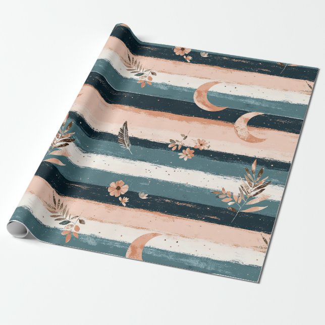 Papel De Presente Rustic Celestial Stripe Moon Sun Earthy (2) (Desenrolado)