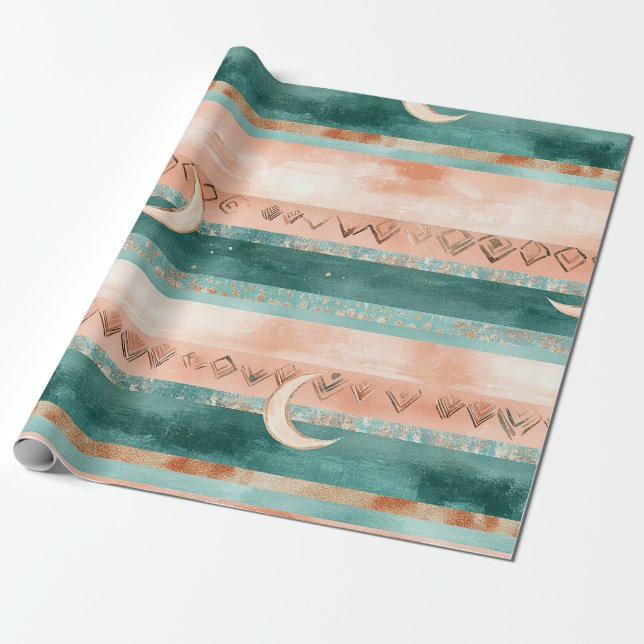 Papel De Presente Rustic Celestial Stripe Moon Sun Earthy (8) (Desenrolado)