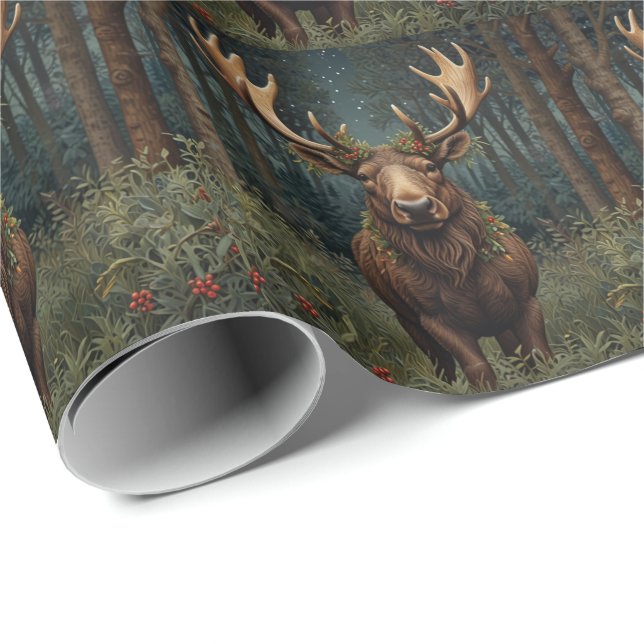 Papel De Presente Rustic Christmas moose deer boho woodland forest  (Ponta do rolo)