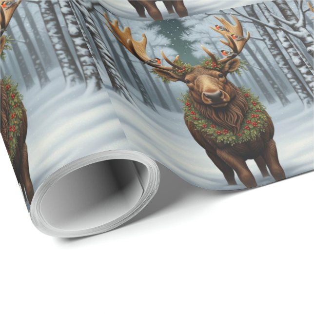 Papel De Presente Rustic Christmas moose winter woodland forest  (Ponta do rolo)