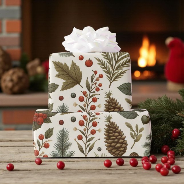 Papel De Presente Rustic Holiday Woodland Pinecone Floral (Criador carregado)