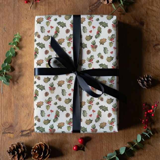 Papel De Presente Rustic holly and pine Christmas  (Criador carregado)