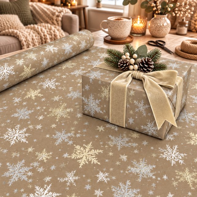 Papel De Presente Rustic Kraft Dourado & Flocos de Neve Brancos (Criador carregado)