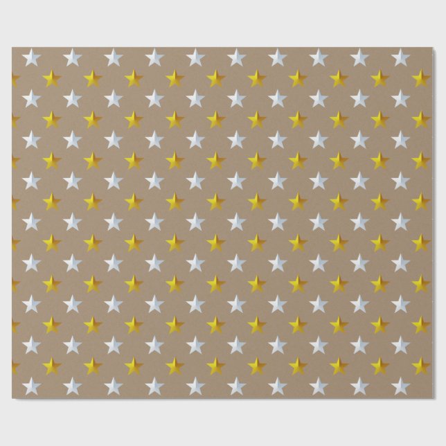 Papel De Presente Rustic Kraft Dourado Silver Stars Feriado (Aberto)