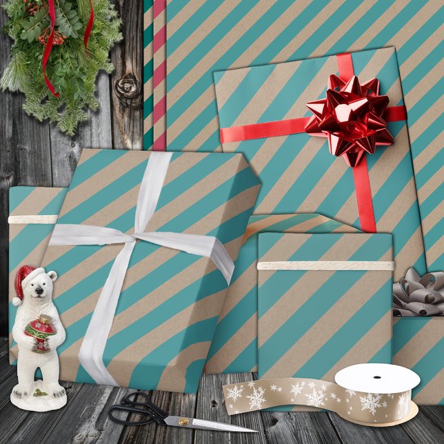 Papel De Presente Rustic Kraft Dusty Teal Green Stripe Feriado em Gr (Rustic Kraft Dusty Teal Green Wide Stripe Holiday Wrapping Paper in 6 & 15 foot rolls of 30" widths)