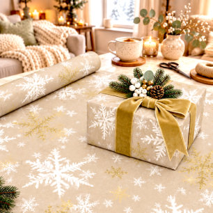 Papel De Presente Rustic Kraft Inverno Branco & Flocos de Neve Doura
