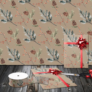 Papel De Presente Rustic Kraft Juniper Pine Cones Red Ilex Berries