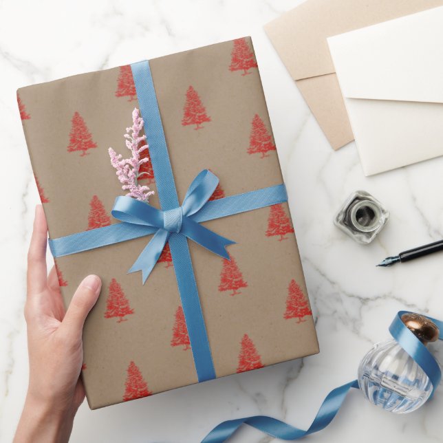 Papel De Presente Rustic Kraft Red Vintage Amarrou Árvores de Natal (Presentear)