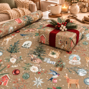 Papel De Presente Rustic Kraft Snowy Reindeer e Tudo Natal