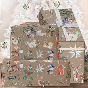 Papel De Presente Rustic Kraft Snowy Reindeer e Tudo Natal