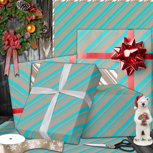 Papel De Presente Rustic Kraft Turquoise Aqua Blue Stripes Holides (Turquoise Blue Candy Cane Stripe Holiday Wrapping Paper Rolls in 6 and 15 foot rolls.)